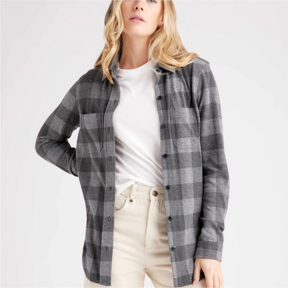 Quince Stretch Sweater Fleece Shirt Flannel Checkered Plaid Fall Gray